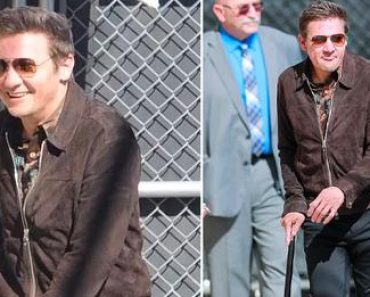 Beaming Jeremy Renner is back on his feet walking with the help of a cane